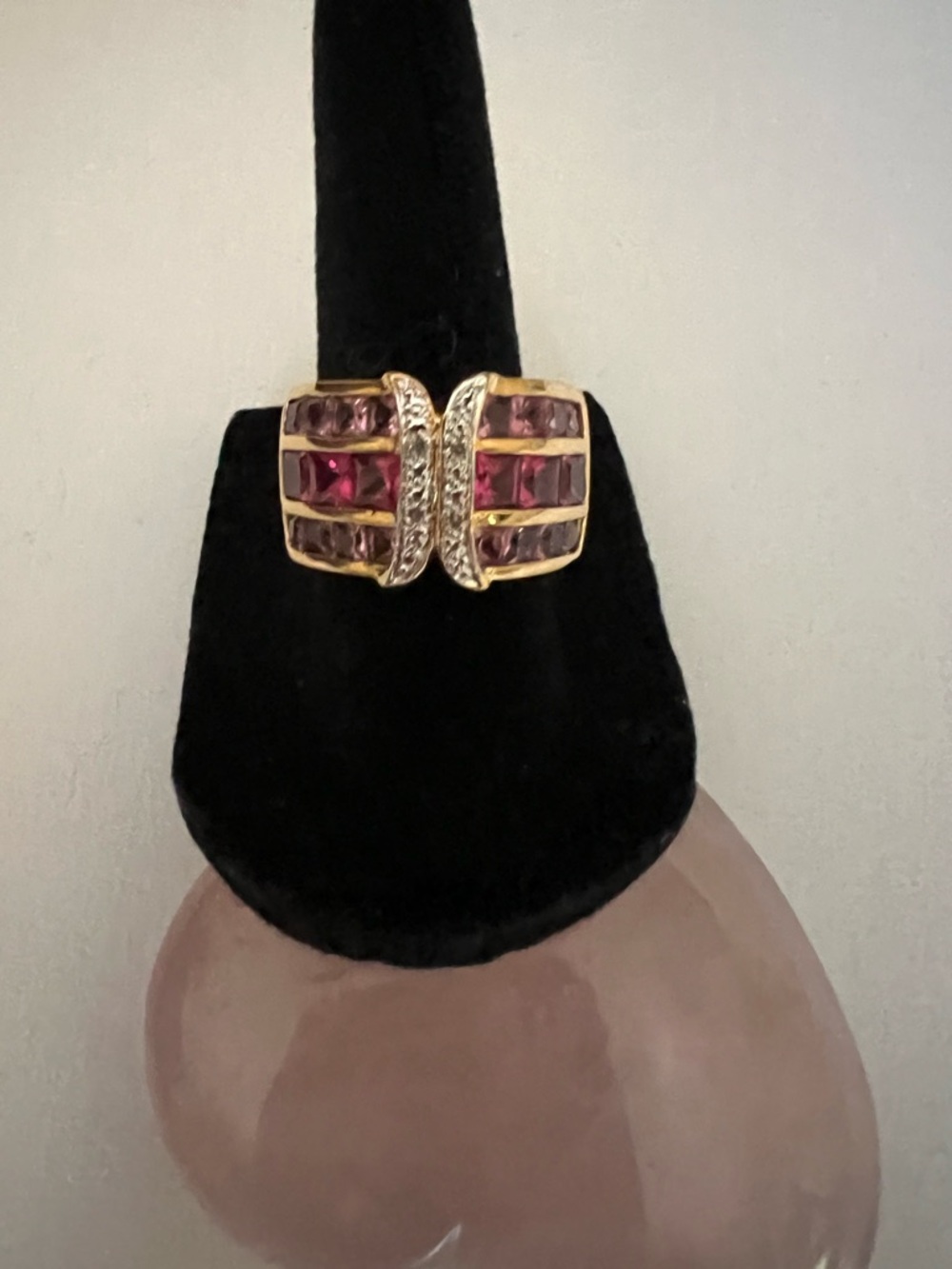 RESERVED FOR KAT*** 925 Gold Vermeil Pink Topaz & Lab Ruby & Diamond Ring